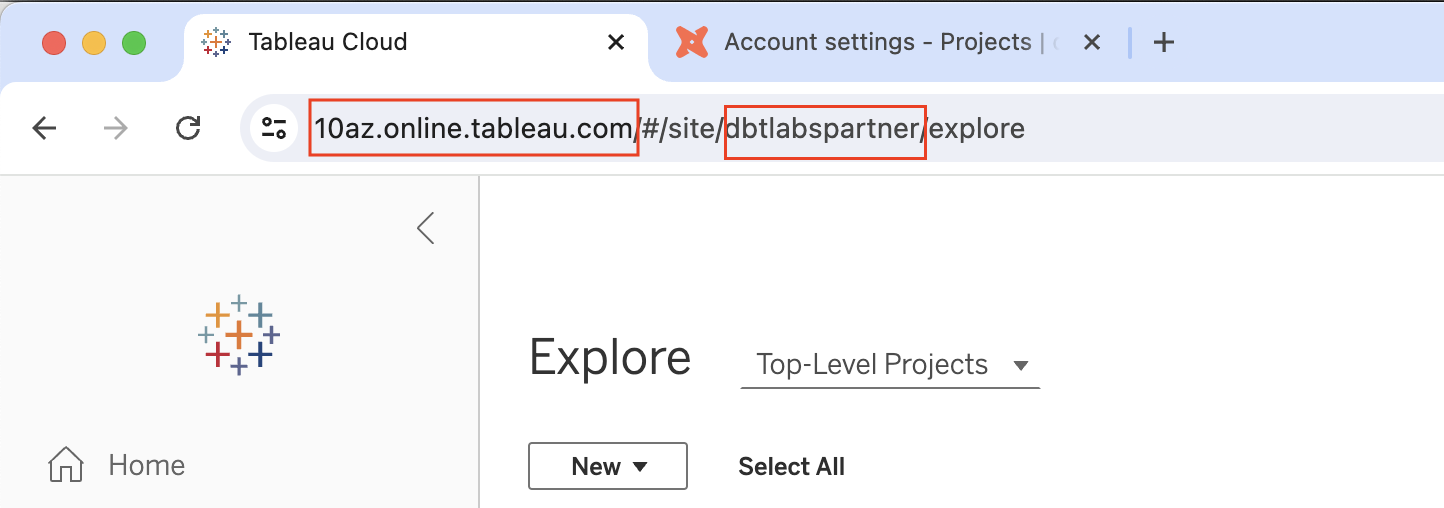 Locate the Server URL and Sitename in Tableau